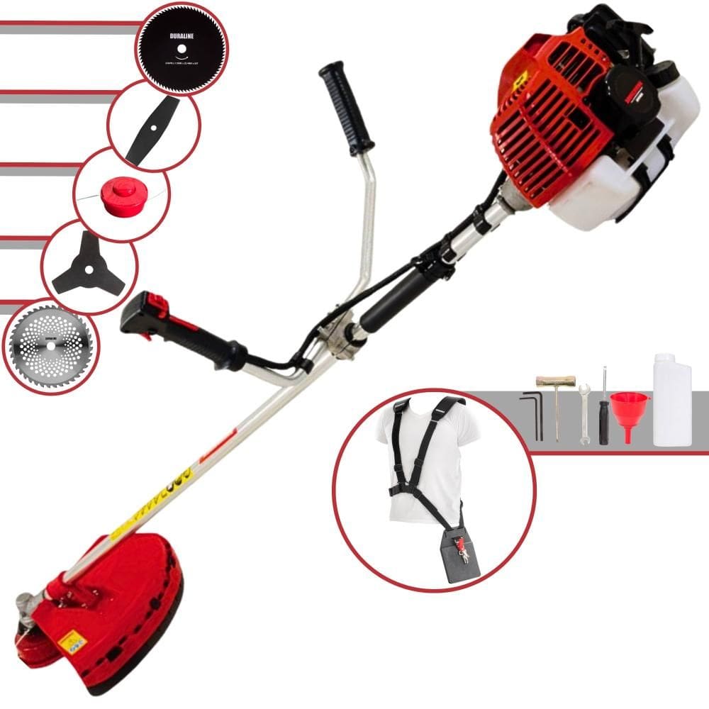 Roçadeira Aparador de Grama Kawashima KW52L À Gasolina 2,5HP 52cc Com Lâmina Facão + Lâmina 3 Pontas + Disco 40 Dentes e 80 Dentes + Carretel Nylon