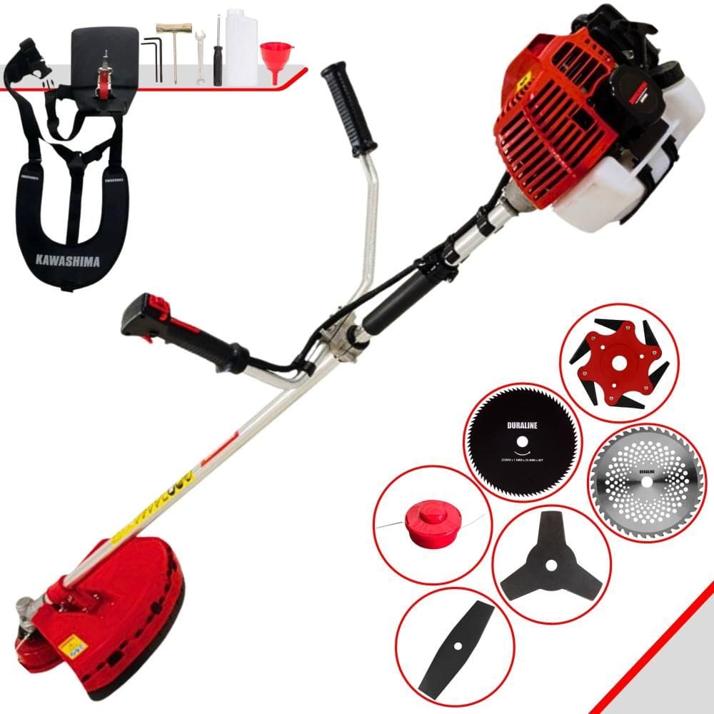 Roçadeira Profissional Completa Kawashima KW52-L À Gasolina 2T 52cc 2,5HP de Potência Alta Rotação Com Carretel de Nylon + Kit 5 Lâminas de Cortes