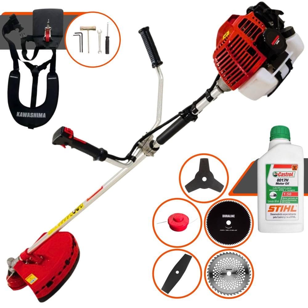 Roçadeira Multifunções Kawashima KW52L 52cc 2,5HP 10.000rpm Com Carretel e Faca 3 Pontas + Faca 2 Pontas, Faca 40 Dentes, Faca 80 Dentes + ÓLEO STIHL