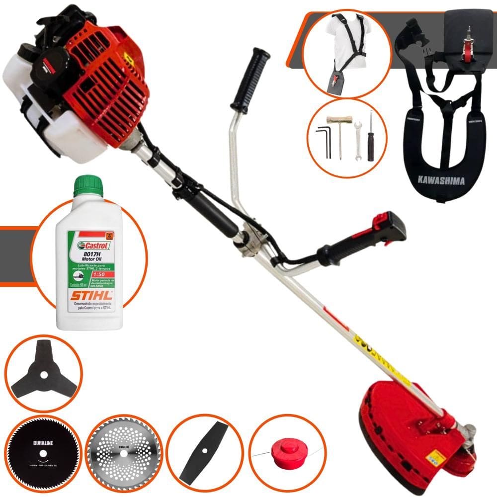 Roçadeira À Gasolina Kawashima KW52-L Multifunções 12000rpm 52cc 2,5HP Completa Com 5 Opções de Cortes, Carretel e Kit 4 Facas + ÓLEO STIHL 8017