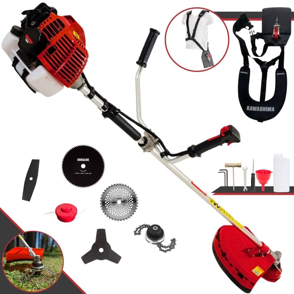 Roçadeira À Gasolina KW52L 52cc 2,5HP Alta Performance Com Carretel e Faca 3 Pontas + EXTRA Faca 2 Pontas, Faca 40 Dentes, Faca 80 Dentes e Trimmer