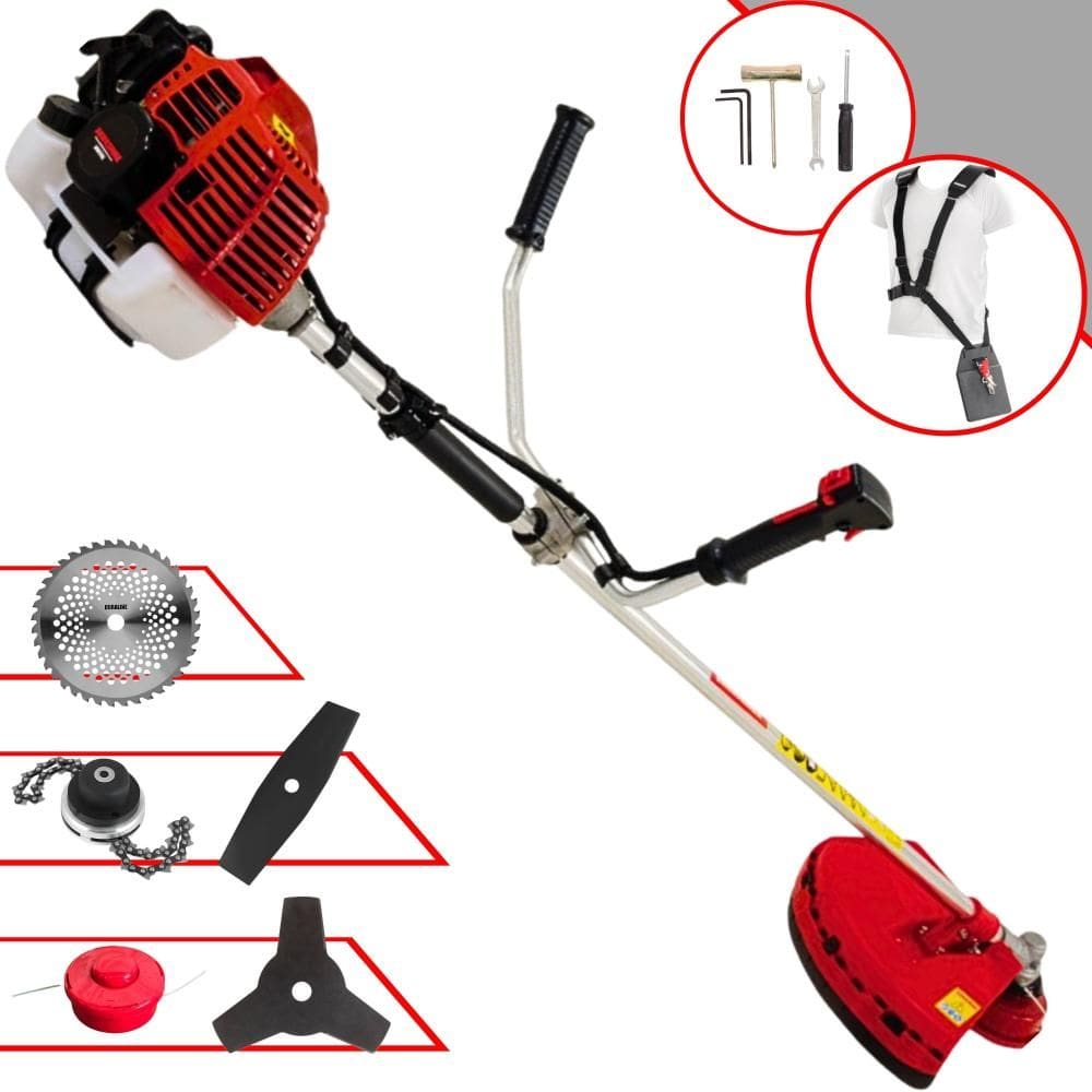 Roçadeira Robusta Kawashima KW52-L À Gasolina 52cc 2,5HP 10.000rpm Com Carretel + Faca 2 Pontas + Faca 3 Pontas + Faca 40 Dentes de Vídea + Trimmer