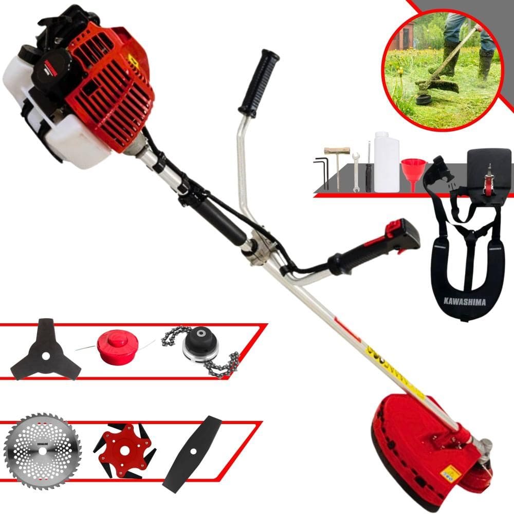 Roçadeira À Gasolina Kawashima KW52L 52cc 2,5HP Alta Rotação Com Cabeçote de Nylon + Facas 2 Pontas, 3 Pontas, 6 Pontas, 40 Dentes de Vídea e Trimmer