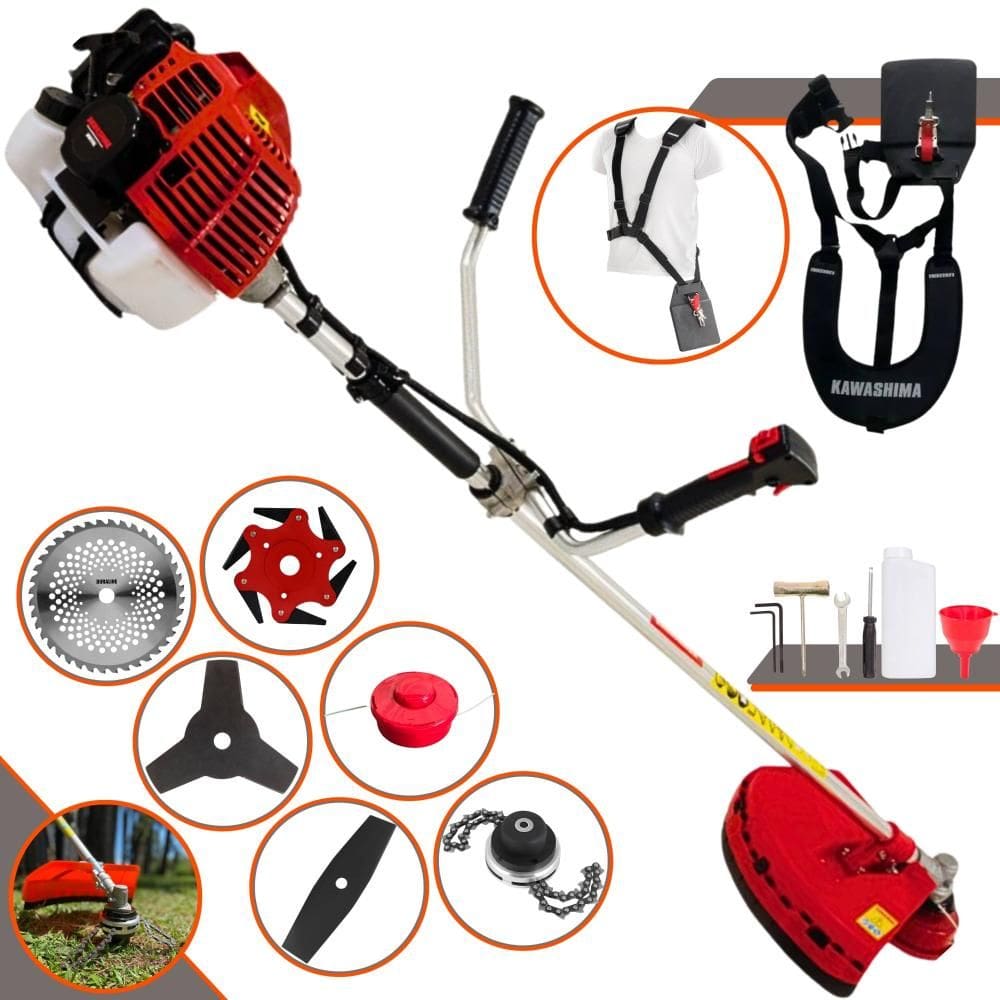 Roçadeira Robusta Kawashima KW52L À Gasolina 52cc 2,5HP Alta Rotação Para Todos os Tipos de Trabalho Com Carretel Nylon + Kit de 5 Lâminas de Cortes