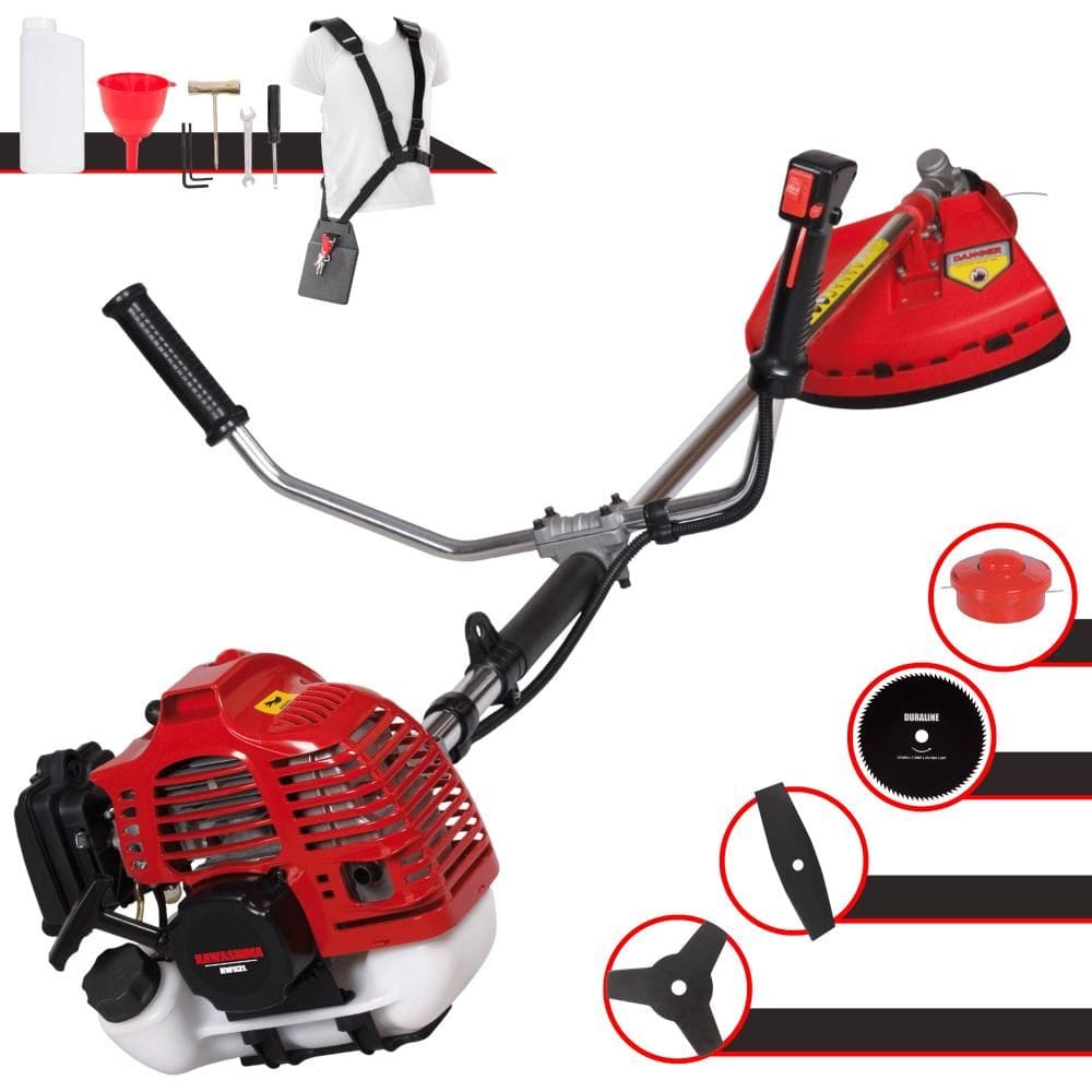 Roçadeira Multifunções Kawashima KW52-L À Gasolina 52cc 2,5HP 4 Opções de Corte Com Faca 2 Pontas, Faca 3 Pontas, Faca 80 Dentes e Carretel de Nylon
