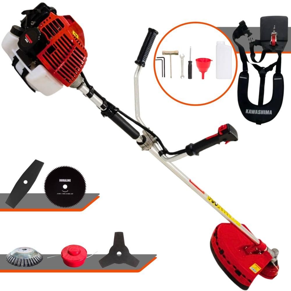 Roçadeira Kawashima KW52-L À Gasolina 2T 52cc 2,5HP Completa Com Carretel de Nylon + Faca 2 Pontas + Faca 3 Pontas + Faca 80 Dentes + Escova de Aço
