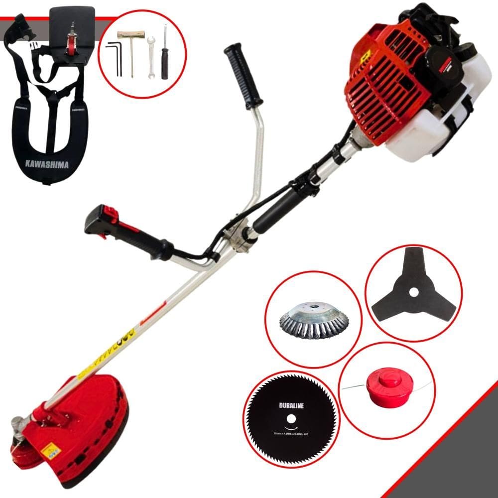 Roçadeira Cortador de Grama KW52L Kawashima À Gasolina 52cc 2,5HP 10.000rpm Com Carretel + Faca 3 Pontas + Faca 80 Dentes + Escova de Aço 38 Cerdas