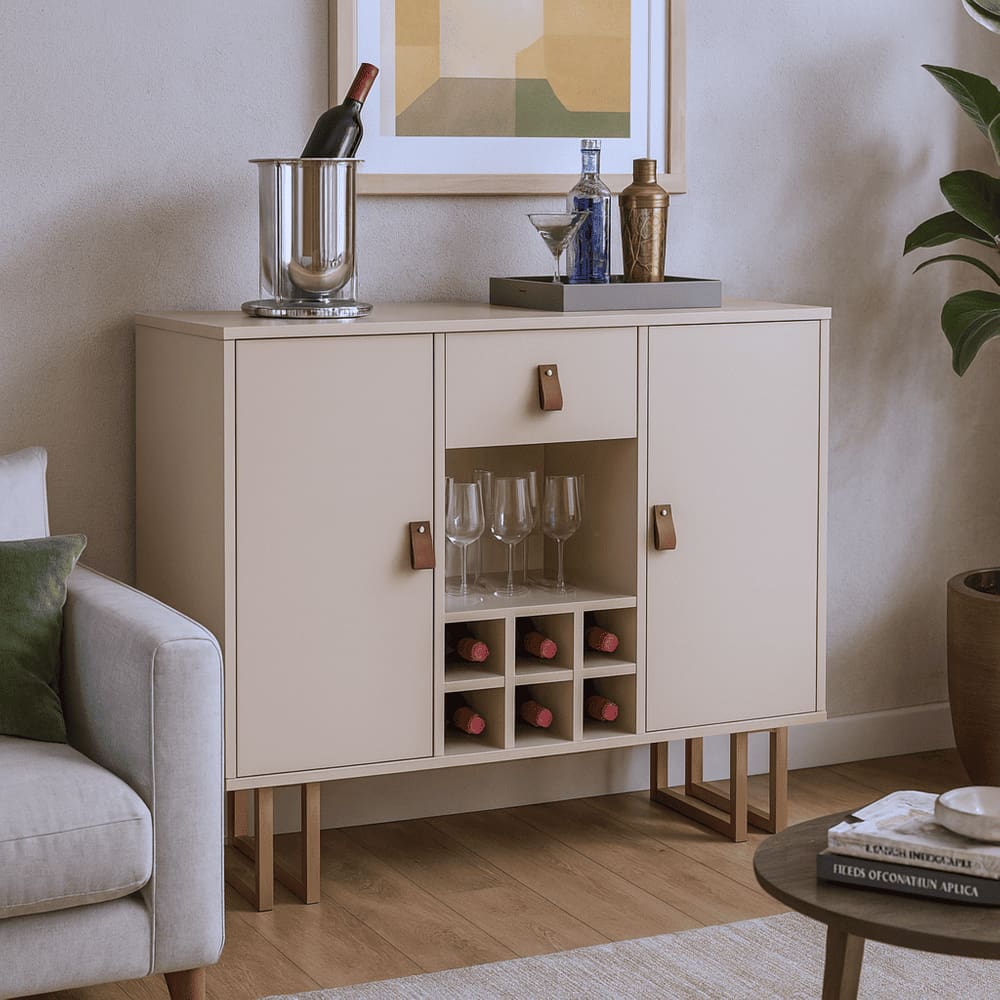 Buffet Com Adega Off White E Pés Metálicos Dourados Moderno