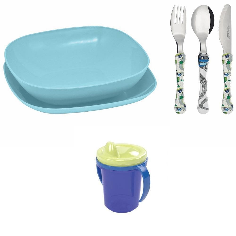 Conjunto Pratos E Talheres Infantil Copo De Transição - Azul