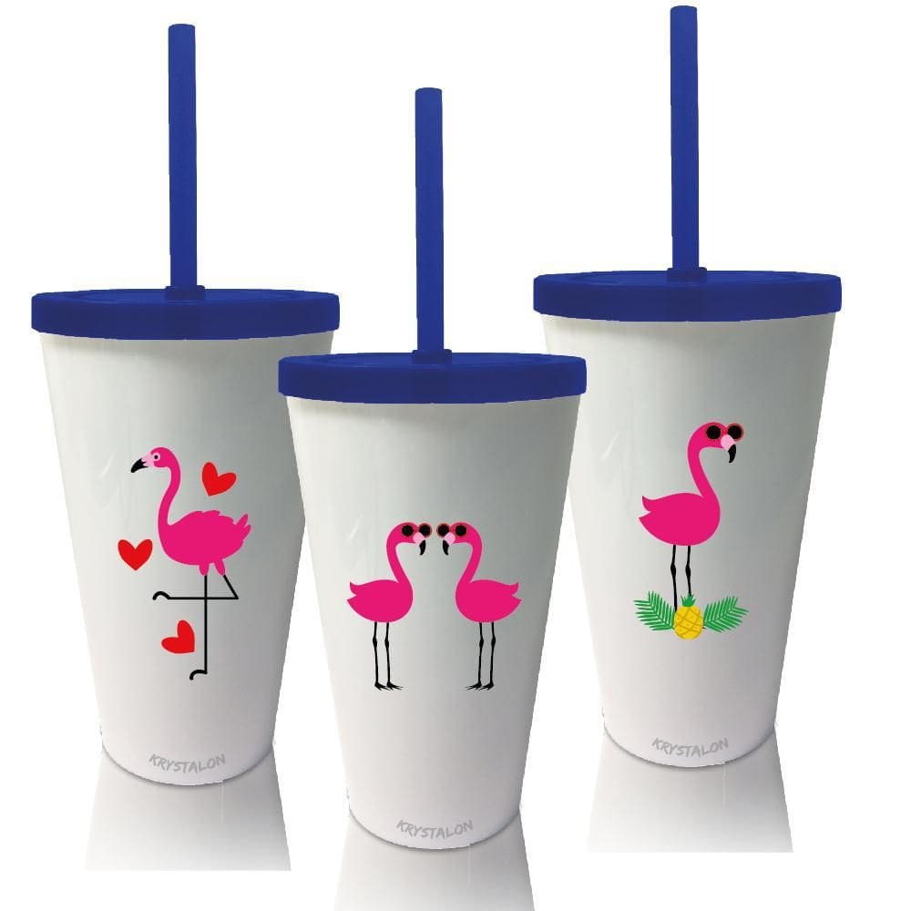 Kit 3 Copos Com Tampa E Canudo Azul Flamingo Das Crianças