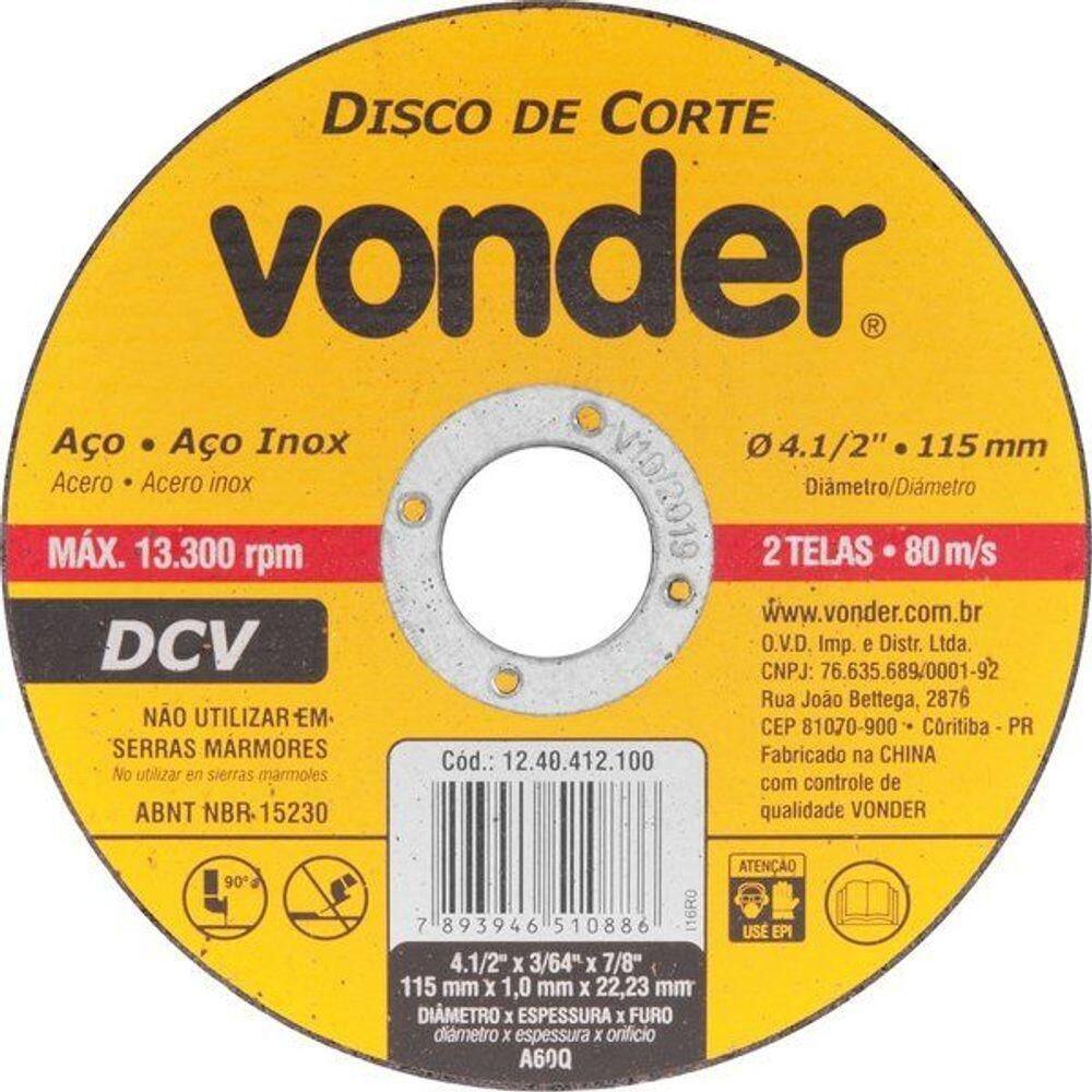Disco De Corte 115,0x1,0x22,23 Para Aço Carbono E Inox Vonder