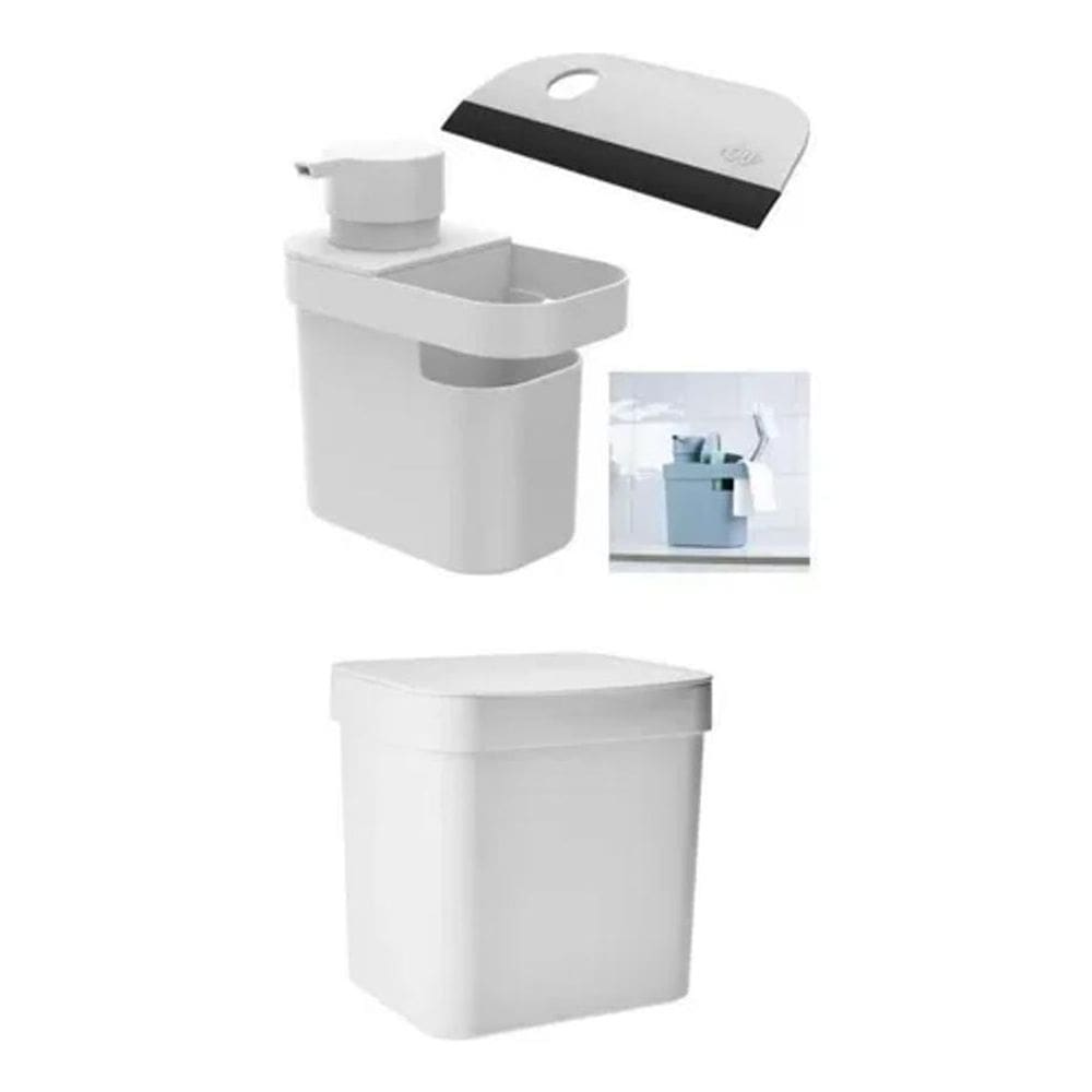 Lixeira 4,7L + Porta Detergente Esponja Pia + Rodinho De Pia