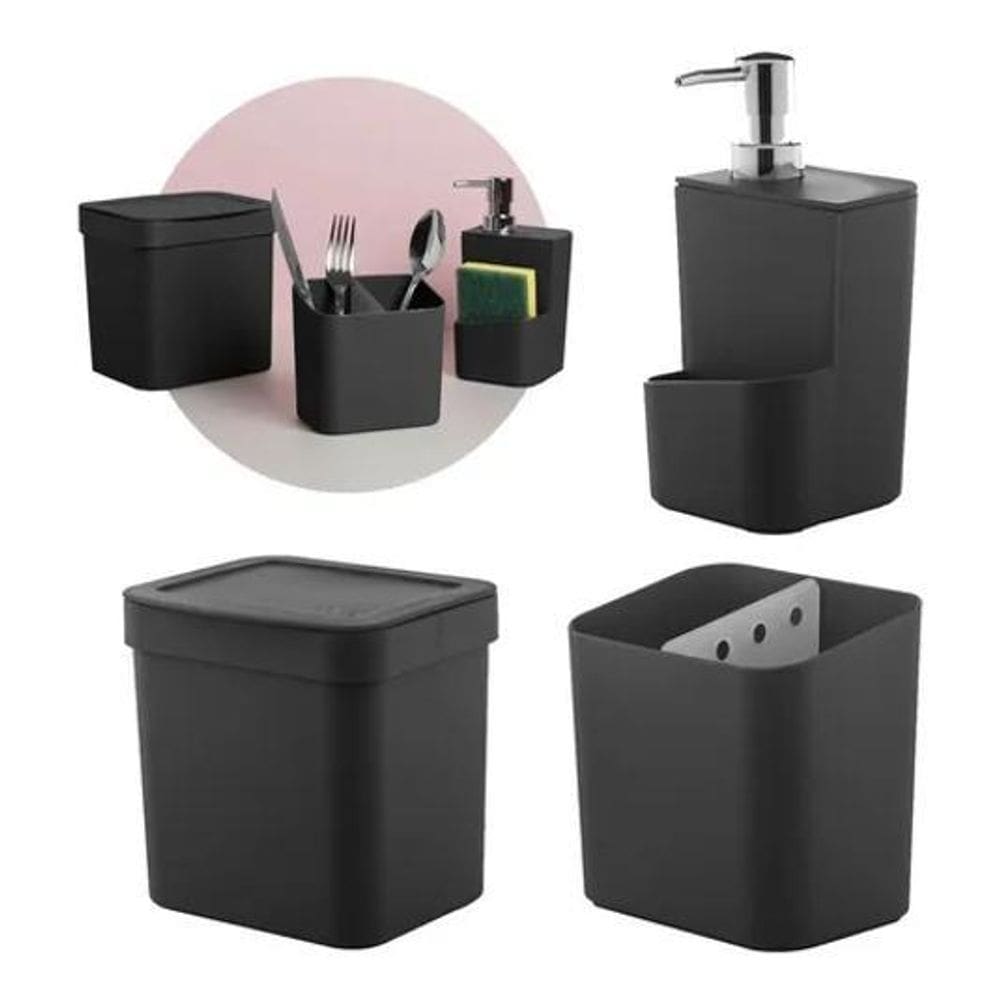 Jogo 3 Pçs De Cozinha Pia Trium Porta Detergente Lixeira