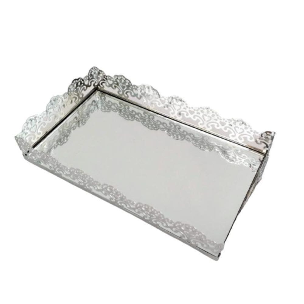 Bandeja Retangular Prata Espelho Decoração 21X12Cm Rendada