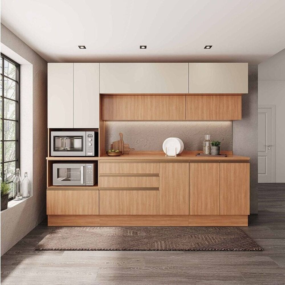 Cozinha Modulada 5 Peças com Armários, Balcões e Torre Quente Aroeira Cabecasa Madeiramadeira Cinza Sereno/Cedro