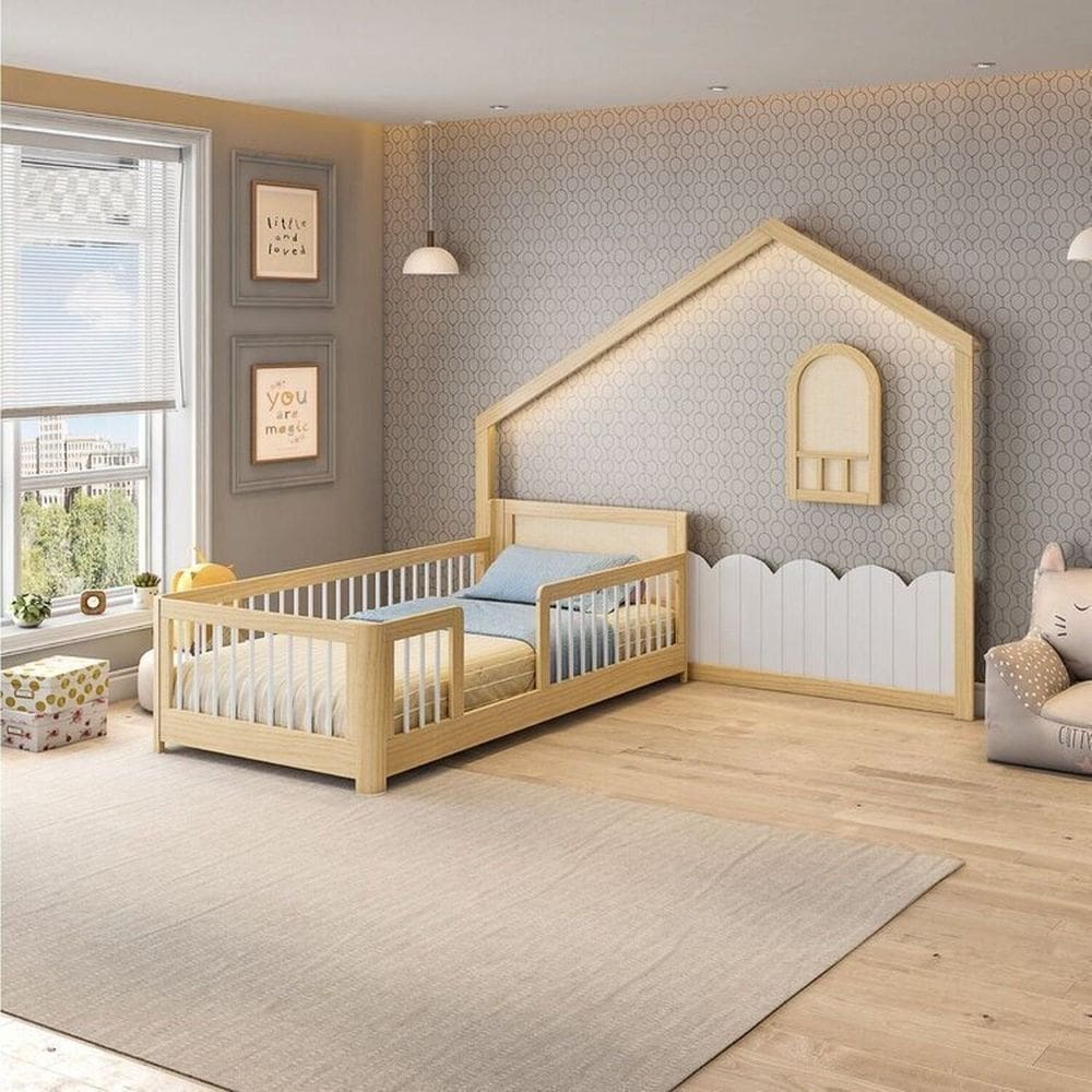 Cama Montessoriana Wave Solteiro e Moldura com Led New Garden Casatema Natural/Branco