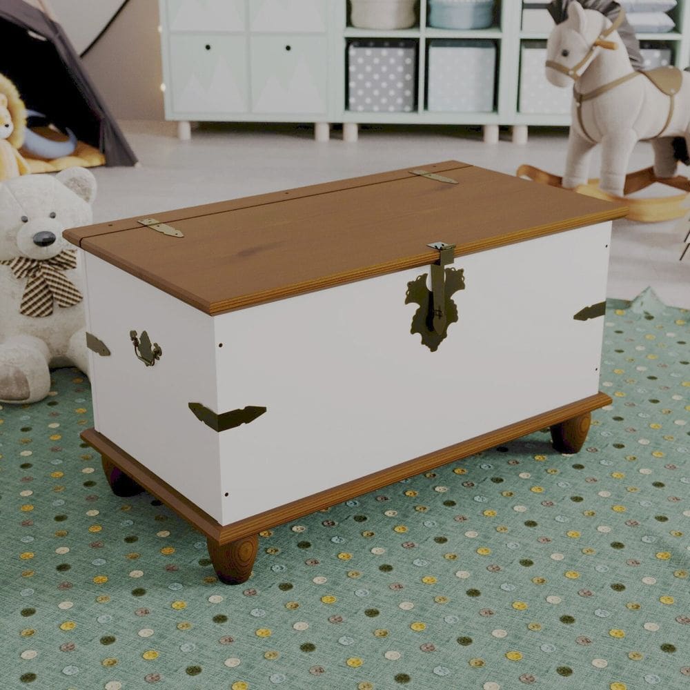 Baú para Quarto Infantil com Tampo e Base em Madeira Maciça Joy Off White / Nogueira
