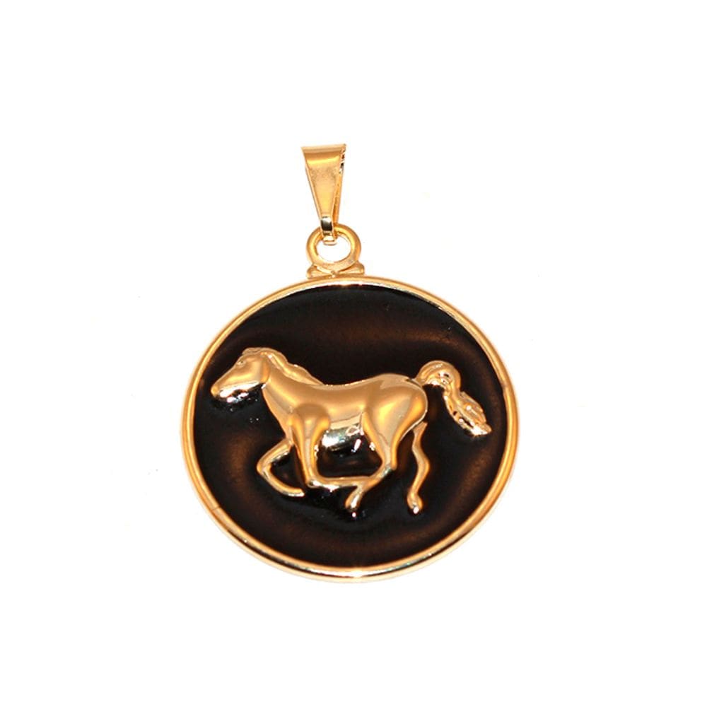 Pingente Medalha Cavalo Country Resinado Folheado Ouro 18k