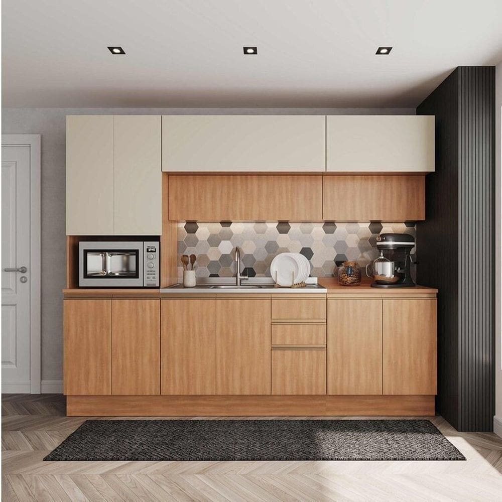 Cozinha Modulada 5 Peças com Armários, Balcões e Torre Quente Aroeira Cabecasa Madeiramadeira Cinza Sereno/Cedro