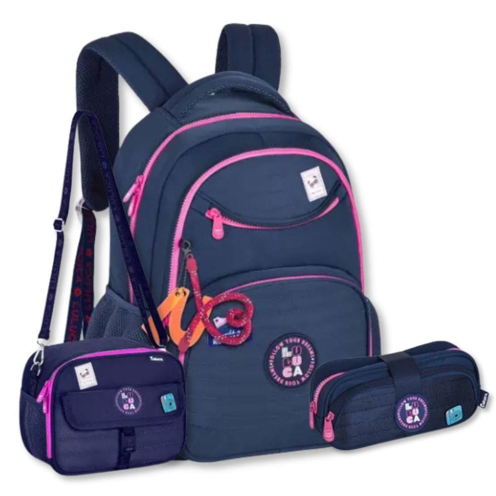 Mochila Luluca C Lancheira E Estojo Kit Escolar Moderno Azul