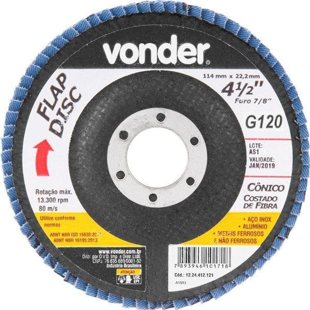Flap Disc 4.1-2 G120 Costado Fibra Cônico Aço Carbono Vonder