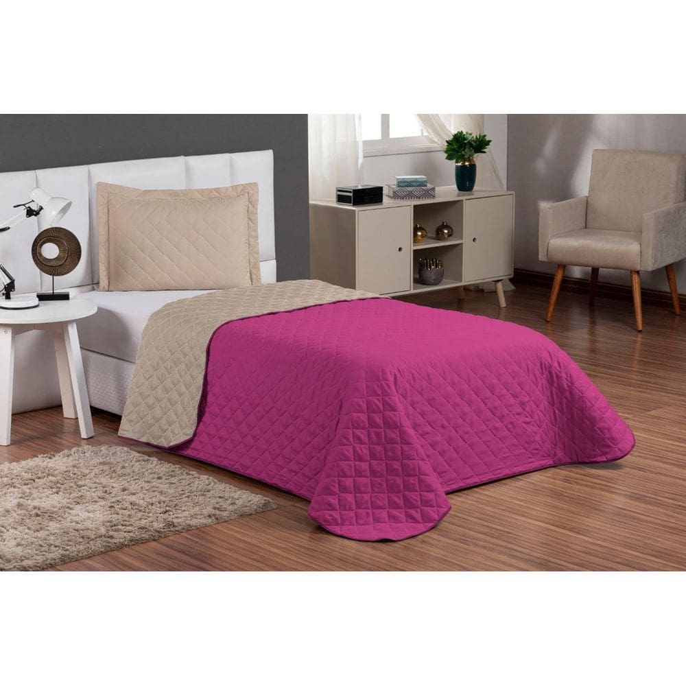 Cobre Leito Solteiro 2 Peças Dupla Face Com Viés Pink/Bege