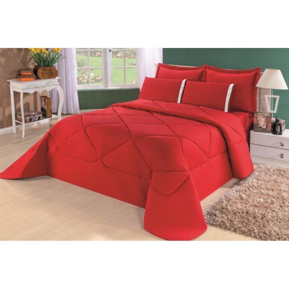 Kit Edredom + Lençol Dupla Face Casal Queen 6 Pç Red
