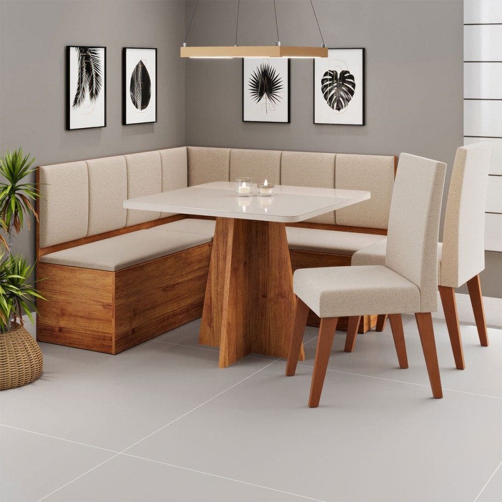 Canto Alemão Gourmet com 2 Cadeiras e Vidro Marrom/Off White/Linho Bronze - Viero Móveis
