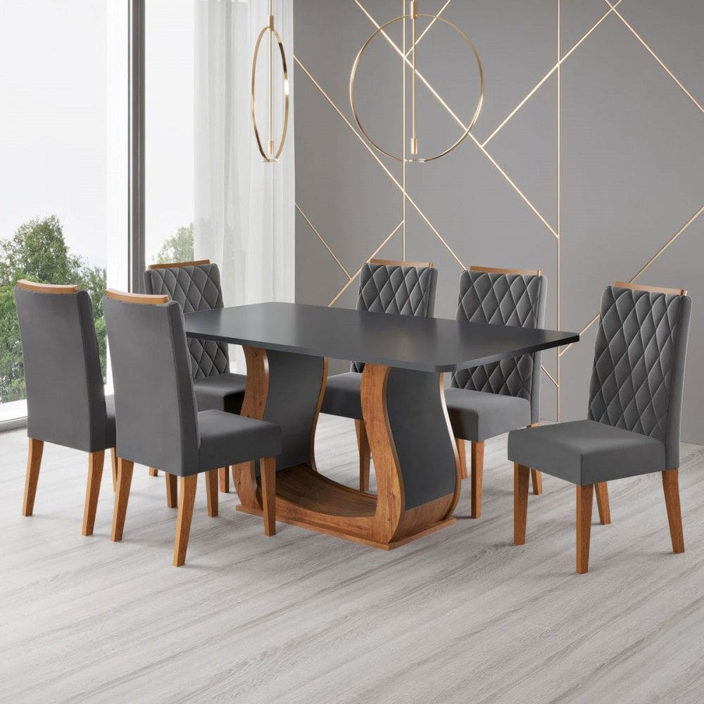 Mesa de Jantar 6 Lugares Lana Marrom/Cinza/Veludo Cinza - Viero Móveis