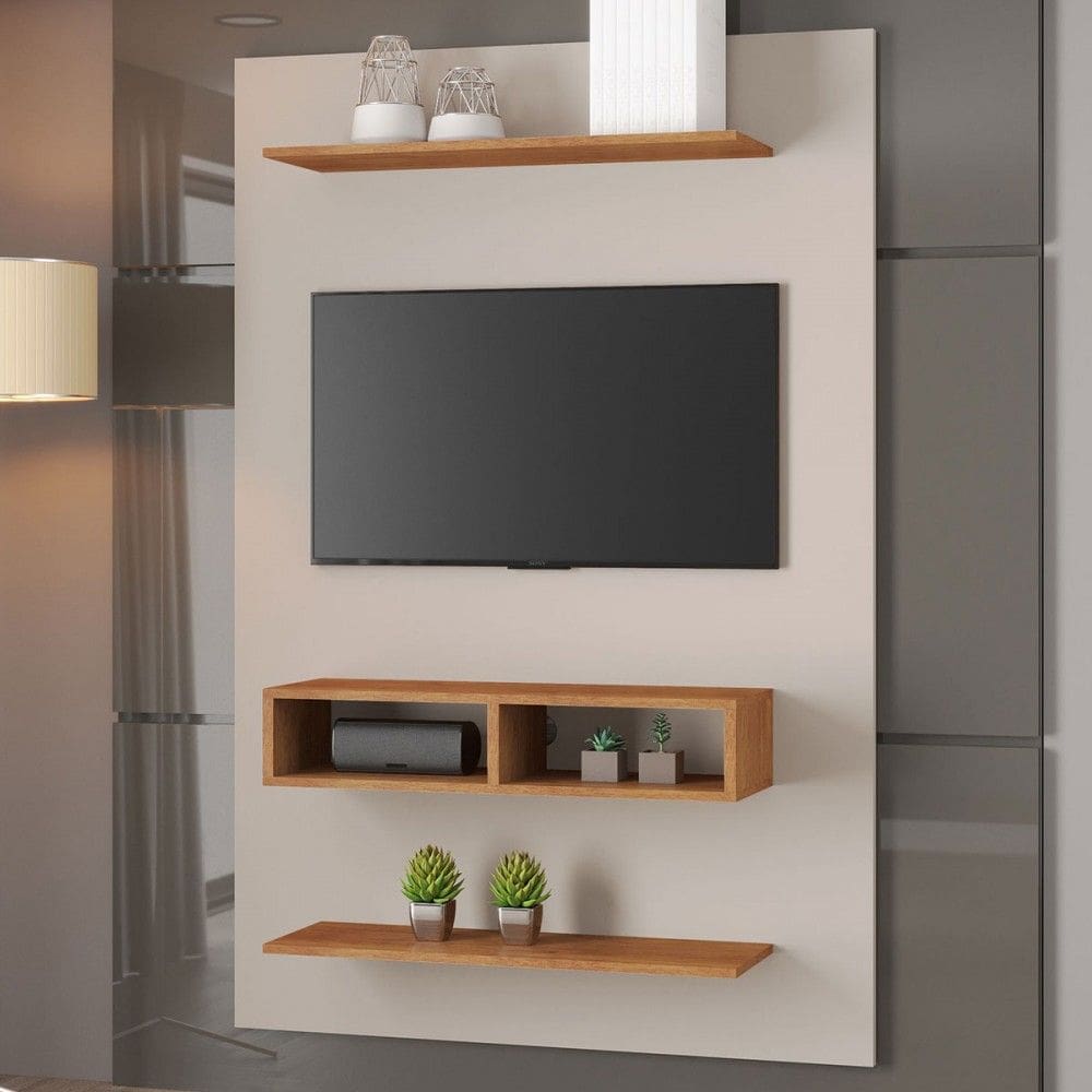 Painel para TV Até 42 Polegadas Isaac 2 Prateleiras 2 Nichos Off White/Marrom - Viero Móveis