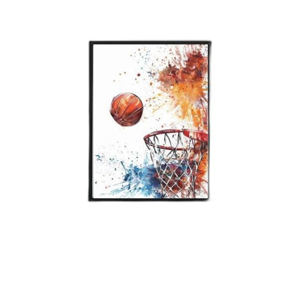 Quadro Cesta Basquete Aquarela 45X34Cm - Com Vidro
