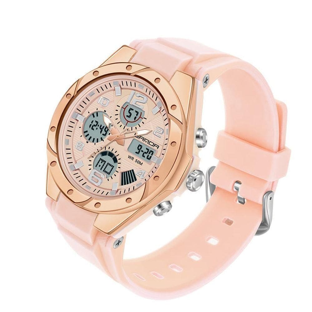 Relógio Mostrador Duplo De Quartzo, Alarme, Cronógrafo E Cronógrafo Rosa