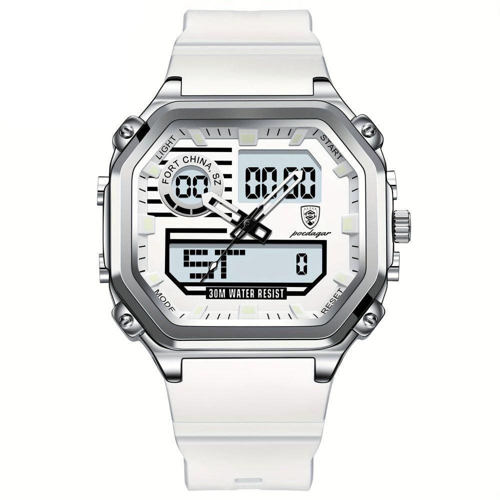 Relógio Esportivo Masculino Pulseira Em Silicone Display Híbrido Digital Analógico Branco Prata