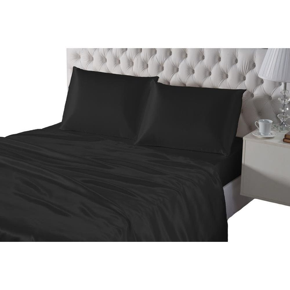 Jogo De Cama Lençol Cetim Preto Casal Queen 4 Peças Seda
