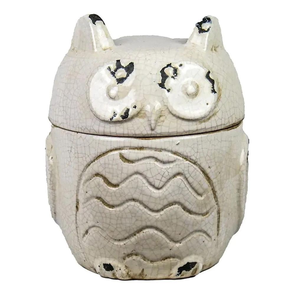 Pote Decorativo Cerâmica Coruja Retrô Off White 20 X 15
