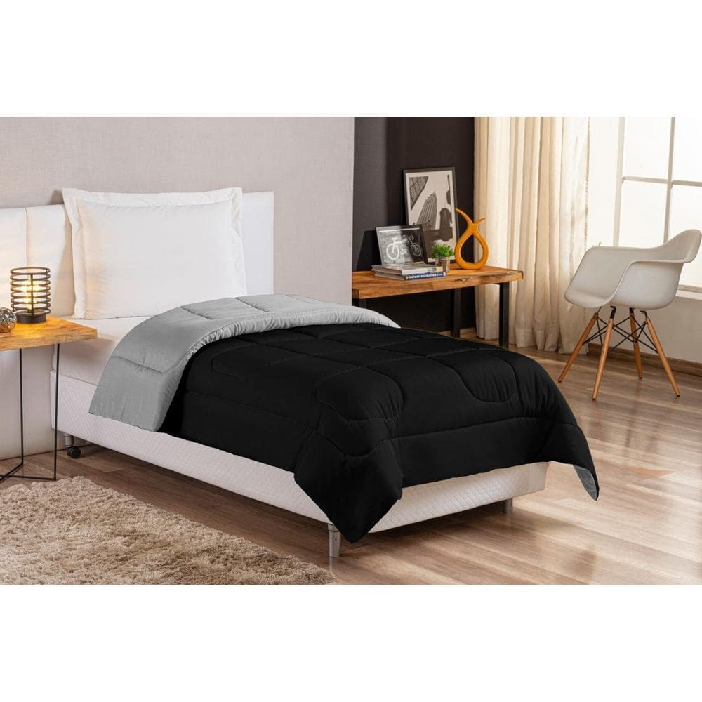 Edredom De Solteiro Dupla Face Em Microfibra Cinza E Preto