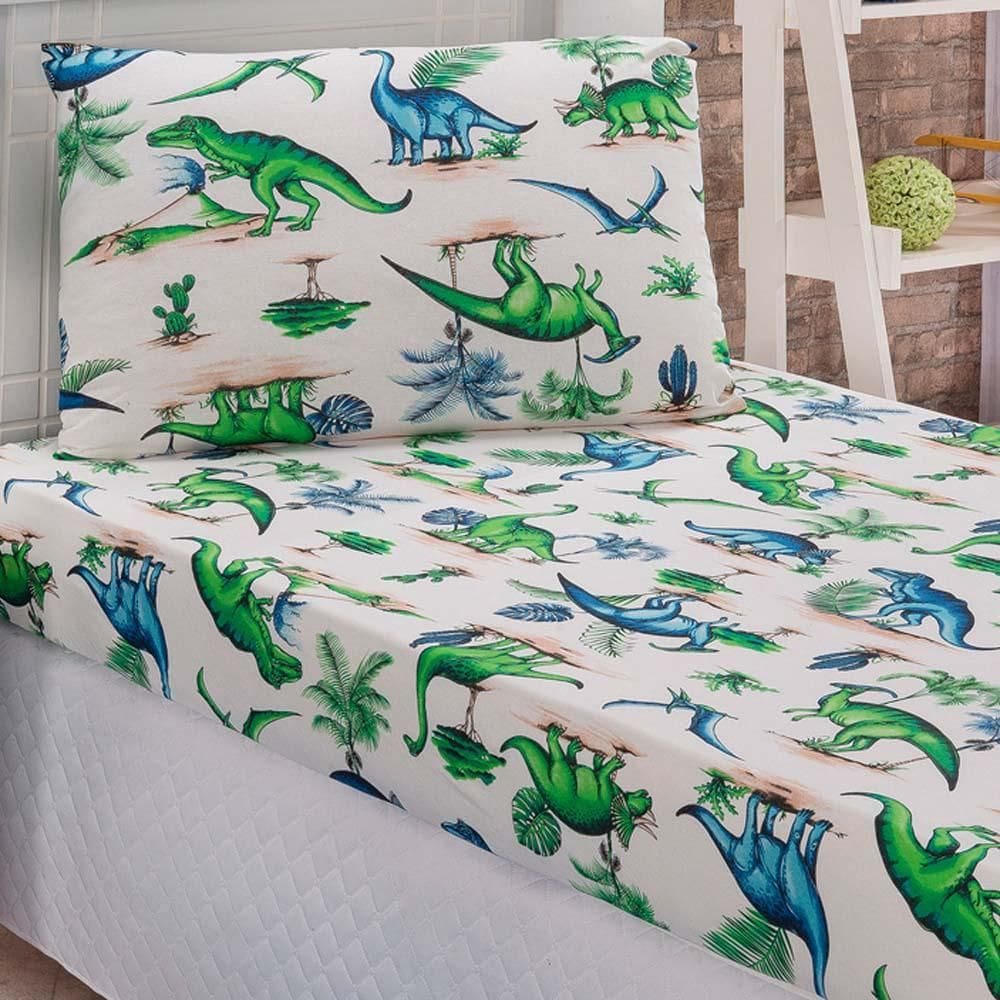 Jogo Lençol Solteiro Diverkids 2 Peças Dinossauro Verde/Azul
