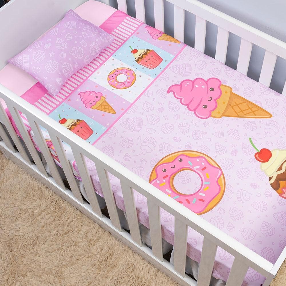 Jogo Lençol Berço Americano 3 Peças Infantil Bebê Doces