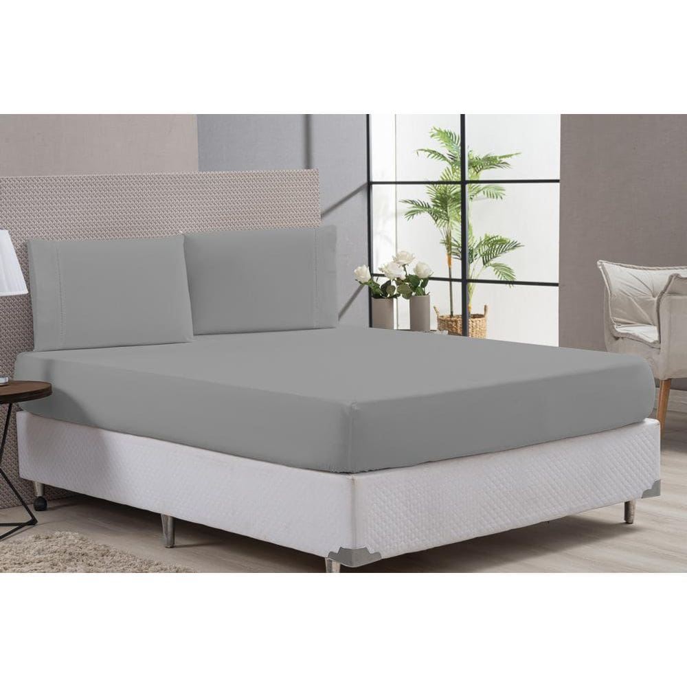 Jogo Lençol Cama Casal Queen 80% Algodão Cinza Elástico