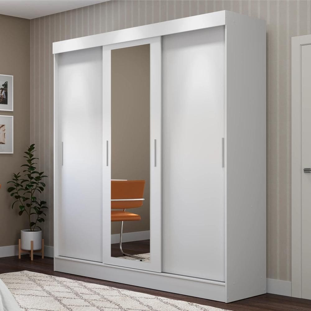 Guarda-Roupa Casal com Espelho 3 Portas 2 Gavetas Philip 172 cm - Branco Fosco