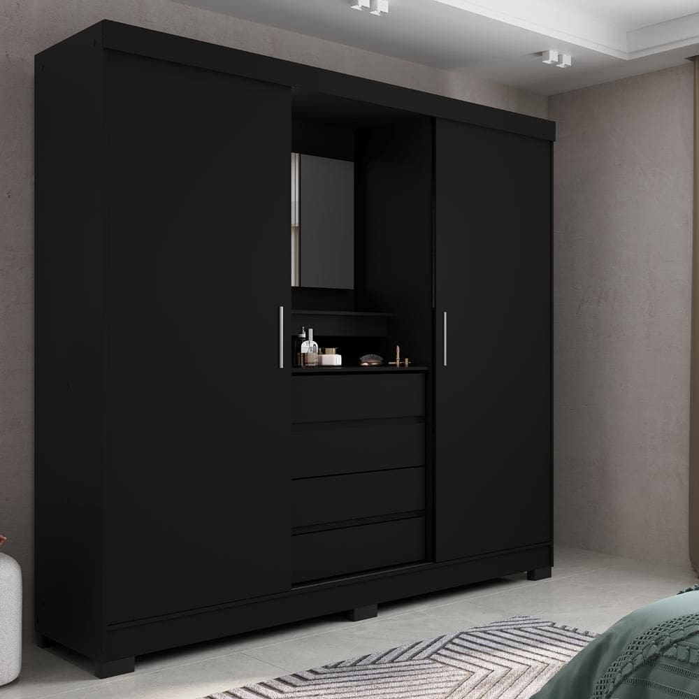 Guarda-Roupa Casal com Espelho 2 Portas de Correr 4 Gavetas Finley 184 cm - Preto