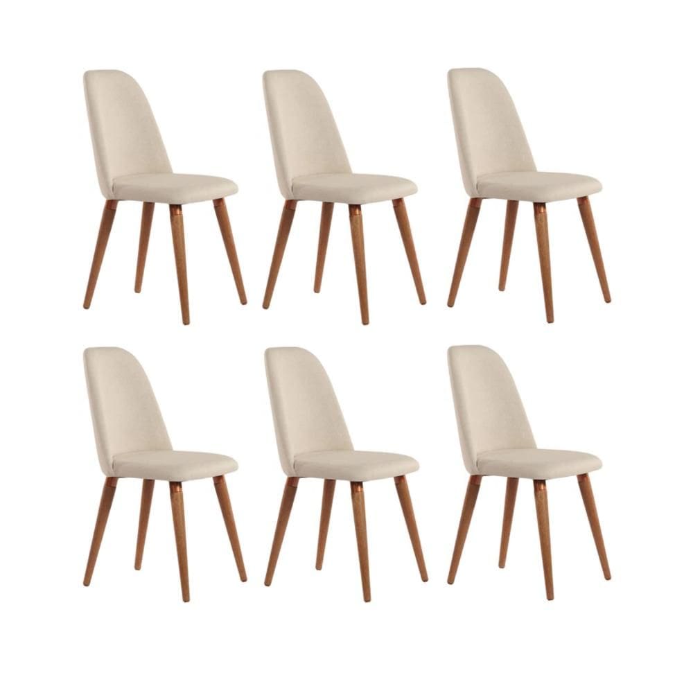 Conjunto com 6 Cadeiras de Madeira Maciça Estofada New Drop - Natural c/ Linho Bege - Cobre