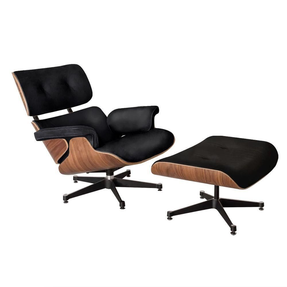 Poltrona Charles Eames Couro Com Puff Base Aluminio Preto