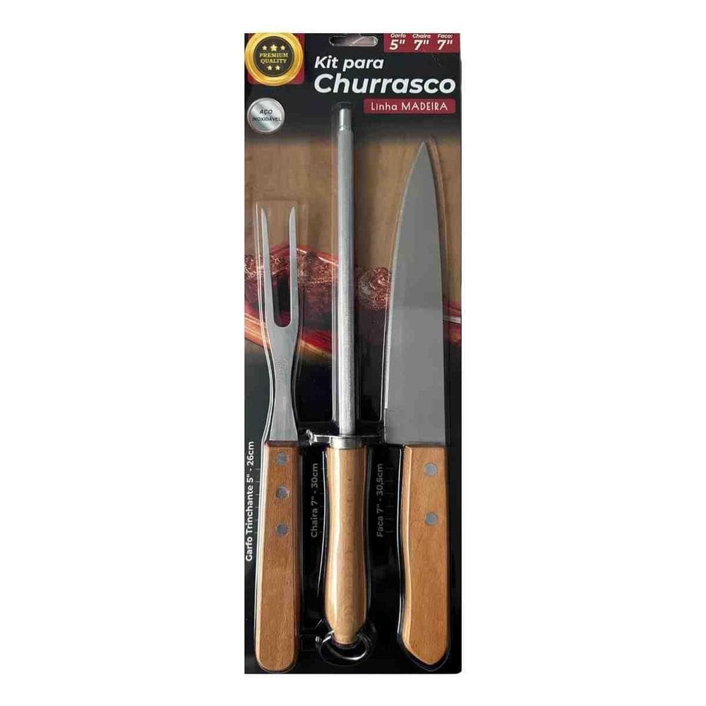 Kit Para Churrasco Garfo Chaira E Faca Linha Madeira E Inox