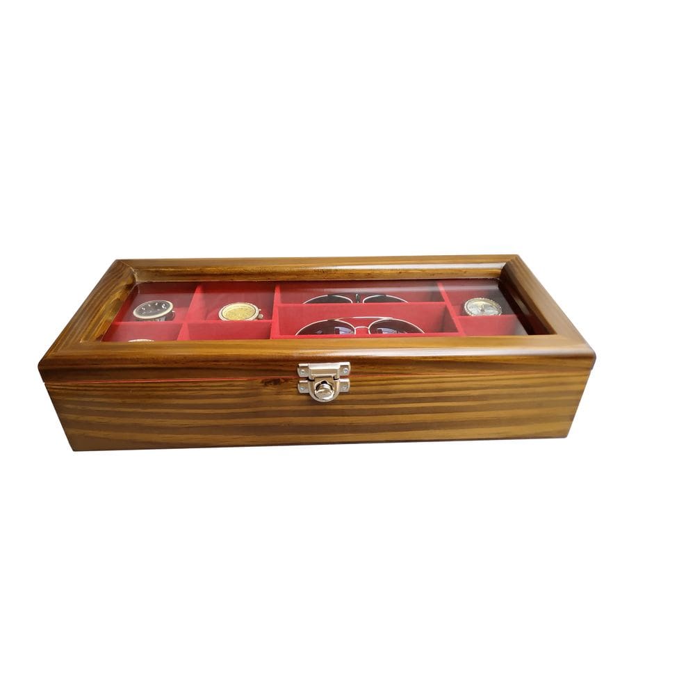 Estojo 06 Relógios 03 Óculos - Imbuia Flocado de Vermelho