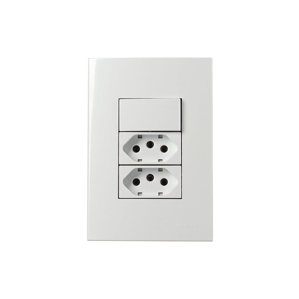 Interruptor Simples 10A e Tomada Dupla 2P+T 20A MarGirius Sleek com Placa 4x2 Branco