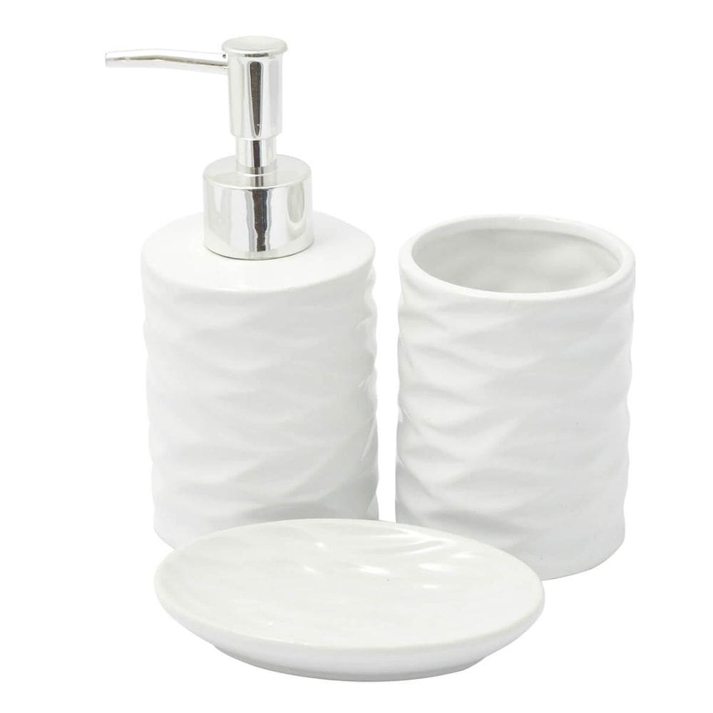Kit Banheiro Lavabo Branco Com Dispenser 3 Peças Ondas