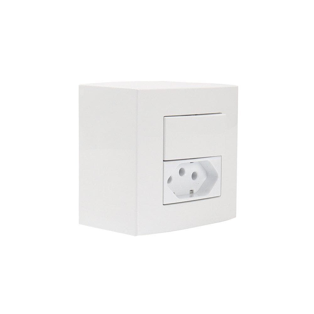 Caixa de Sobrepor 75x75 com Interruptor Simples 10A e Tomada 2P+T 10A MarGirius Sleek Branca
