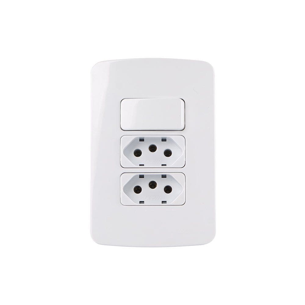 Interruptor Simples 10A e Tomada Dupla 2P+T 20A MarGirius B3 com Placa 4x2 Branco
