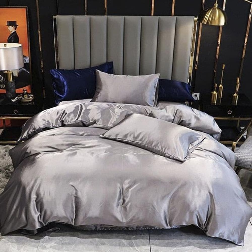 Jogo De Cama Casal Comum Cetim 7 Pç Completo Prata C/Marinho